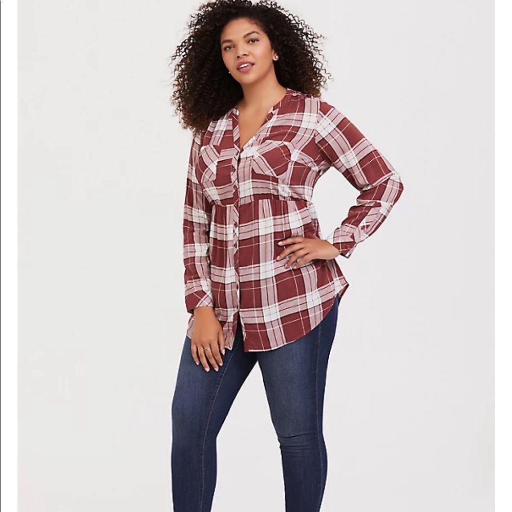 Torrid EMMA - RED PLAID CHALLIS BABYDOLL TUNIC size 2